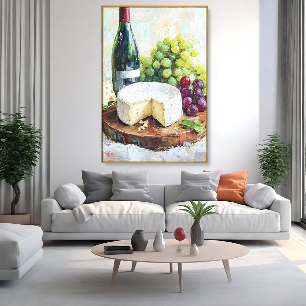 Tablou canvas cu pictura cu sticla de vin si branza, in rama de aluminiu auriu, pe perete intr-un living